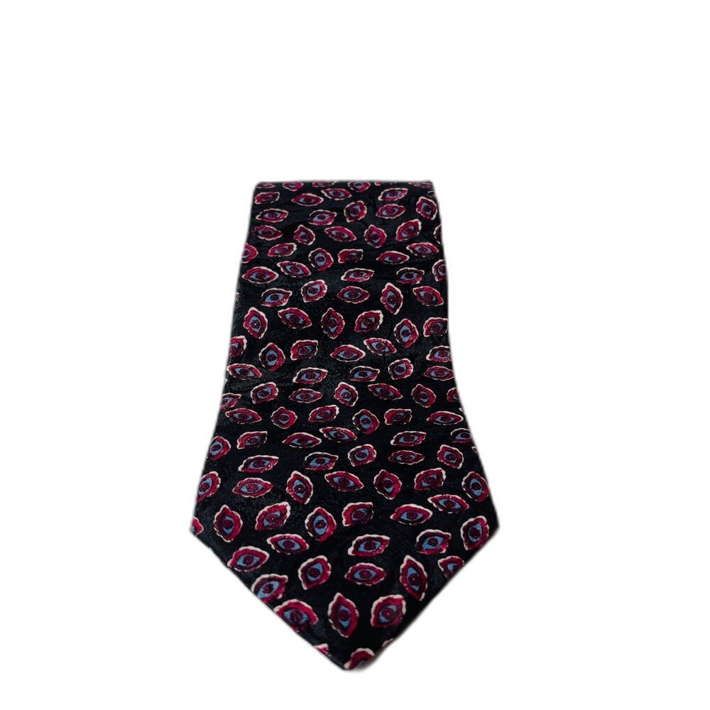 Vintage David Crystal Black Polyester Tie Fuchsia Abstract Eye Geometric Retro